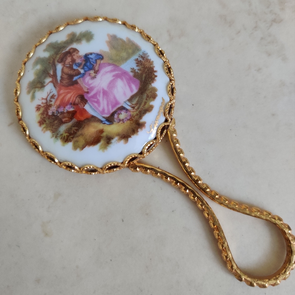 Vintage Fine Porcelain Limoges Mini Mirror Fragonard Scene